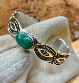 Green turquoise cuff, hand-stamped silver - 6.25"