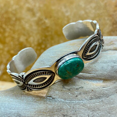 Green turquoise cuff, hand-stamped silver - 6.25"