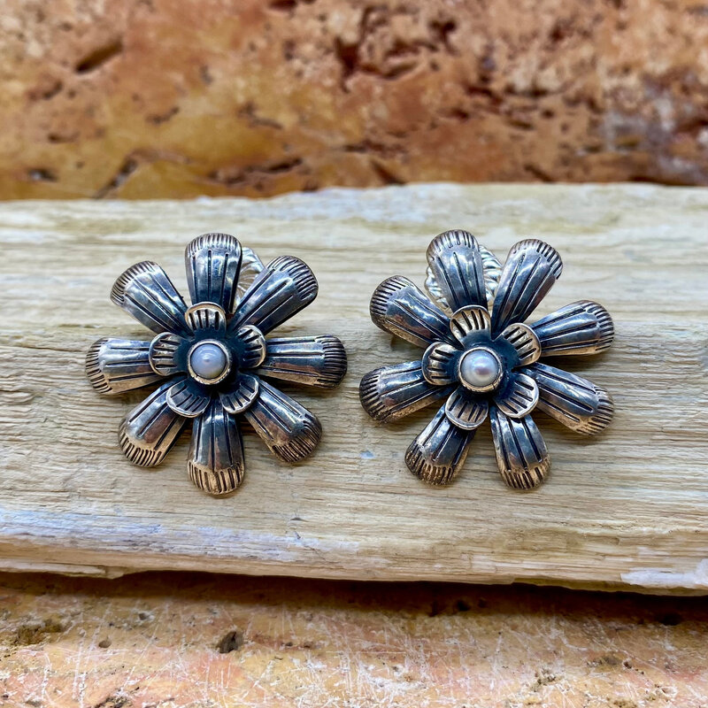 Silver & Pearl Flower Post Earrings