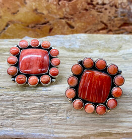 Spiny Oyster Red Square Flower Post Earrings