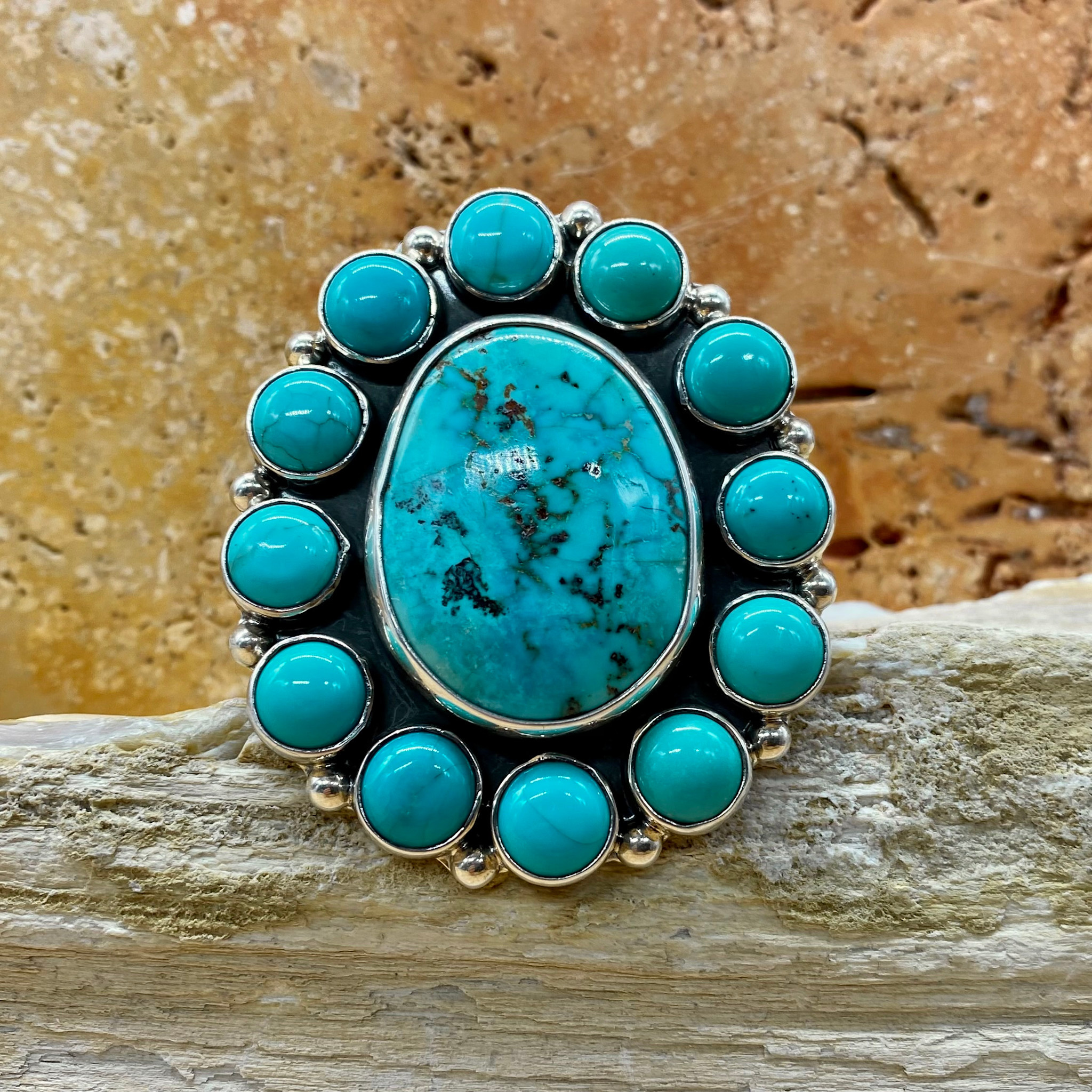 13-stone Turquoise Ring - Adjustable - White Buffalo