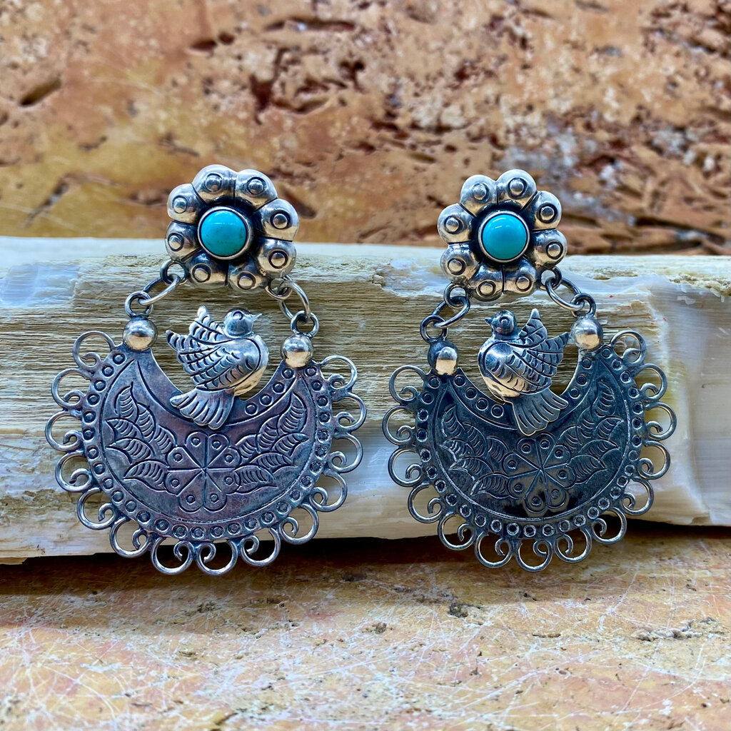 Silver & Turquoise Earrings w/ Birds and Flower Posts