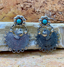 Silver & Turquoise Earrings w/ Birds and Flower Posts