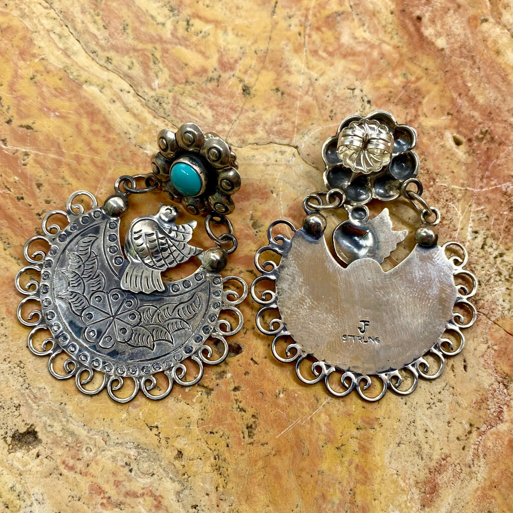 Silver & Turquoise Earrings w/ Birds and Flower Posts