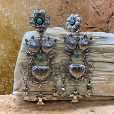 Silver & Turquoise Lovebird/Flower/Heart Clip Earrings