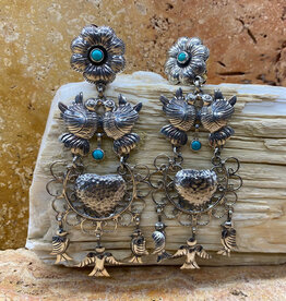 Silver & Turquoise Lovebird/Flower/Heart Clip Earrings