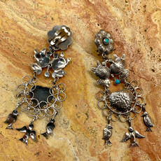 Silver & Turquoise Lovebird/Flower/Heart Clip Earrings