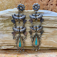 Silver & Turquoise Lovebirds & Flower Post Earrings