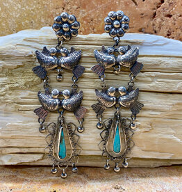 Silver & Turquoise Lovebirds & Flower Post Earrings