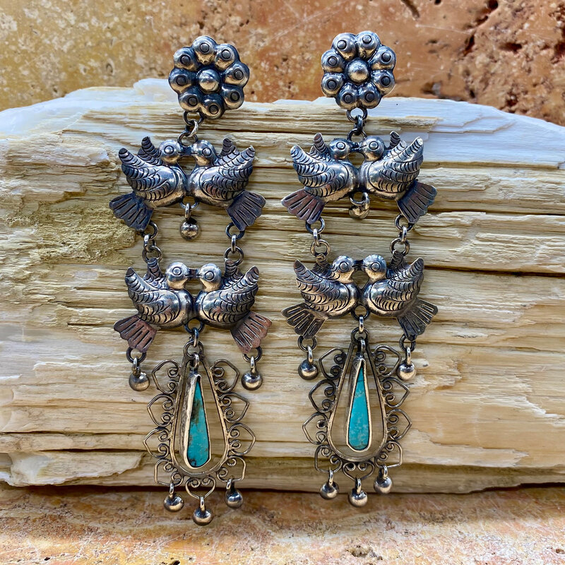 Silver & Turquoise Lovebirds & Flower Post Earrings