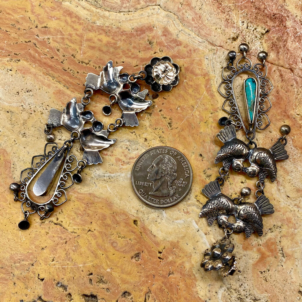 Silver & Turquoise Lovebirds & Flower Post Earrings