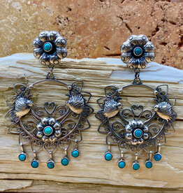 Silver & Turquoise Circle w/ Lovebirds and Flowers Earrings