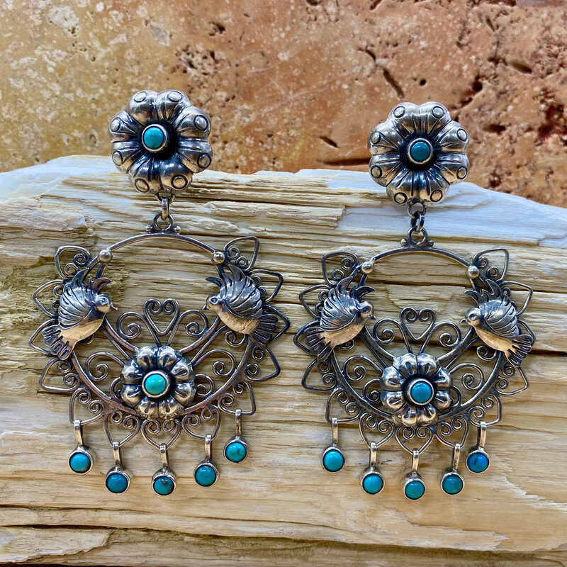 Silver & Turquoise Circle w/ Lovebirds and Flowers Earrings