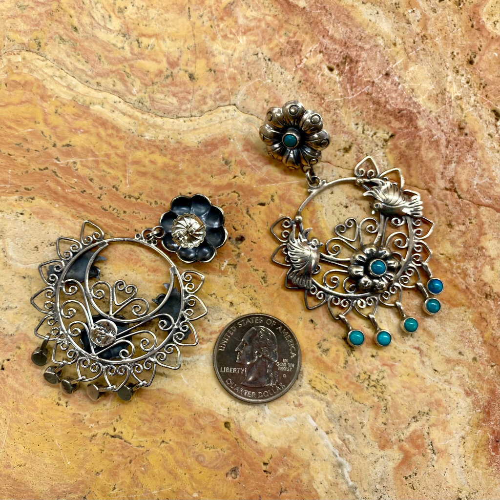 Silver & Turquoise Circle w/ Lovebirds and Flowers Earrings