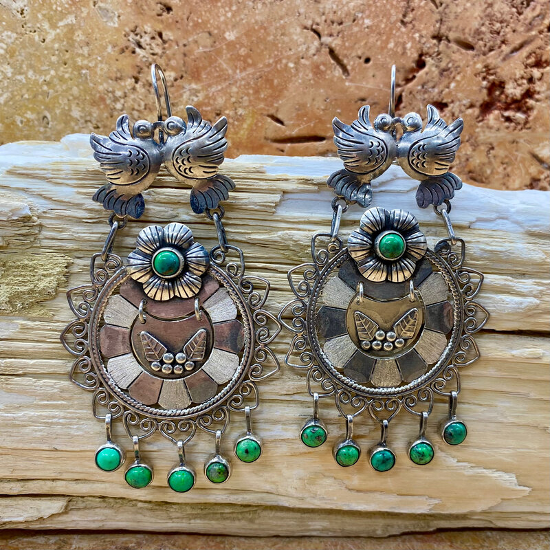 Silver & Green Turquoise Lovebird Circle Earrings w/ Flower