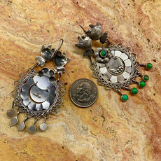 Silver & Green Turquoise Lovebird Circle Earrings w/ Flower