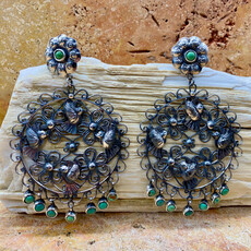 Silver & Green Turquoise Earrings w/ Lovebirds and Flower
