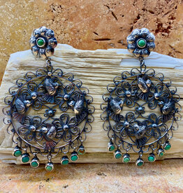 Silver & Green Turquoise Earrings w/ Lovebirds and Flower