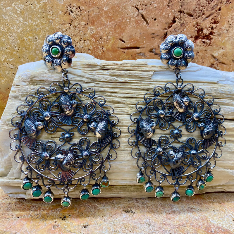 Silver & Green Turquoise Earrings w/ Lovebirds and Flower