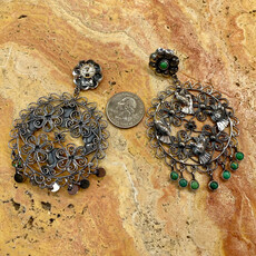 Silver & Green Turquoise Earrings w/ Lovebirds and Flower