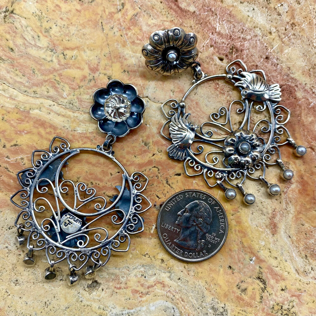 Silver & Pearl Circle Flower & Lovebirds Post Earrings