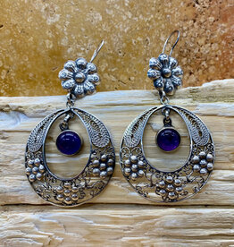 Silver & Amethyst Filigree Circle Earrings w/ Flowers