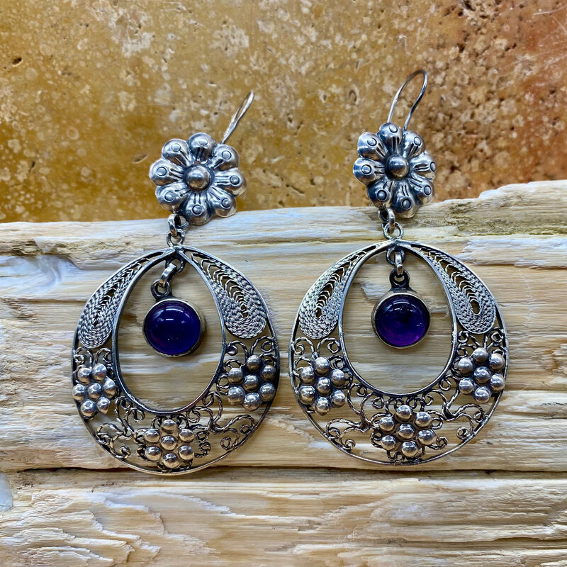 Silver & Amethyst Filigree Circle Earrings w/ Flowers