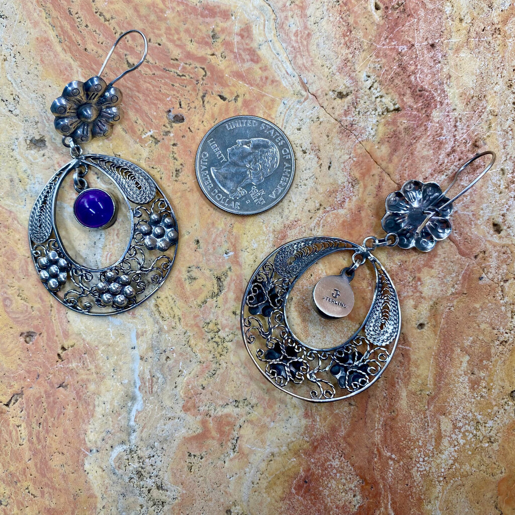 Silver & Amethyst Filigree Circle Earrings w/ Flowers