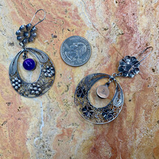 Silver & Amethyst Filigree Circle Earrings w/ Flowers