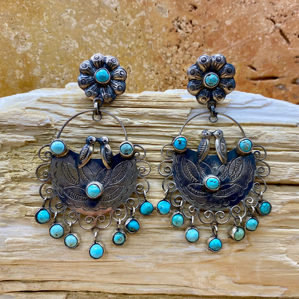 Silver & Turquoise Lovebird & Flower Post Earrings