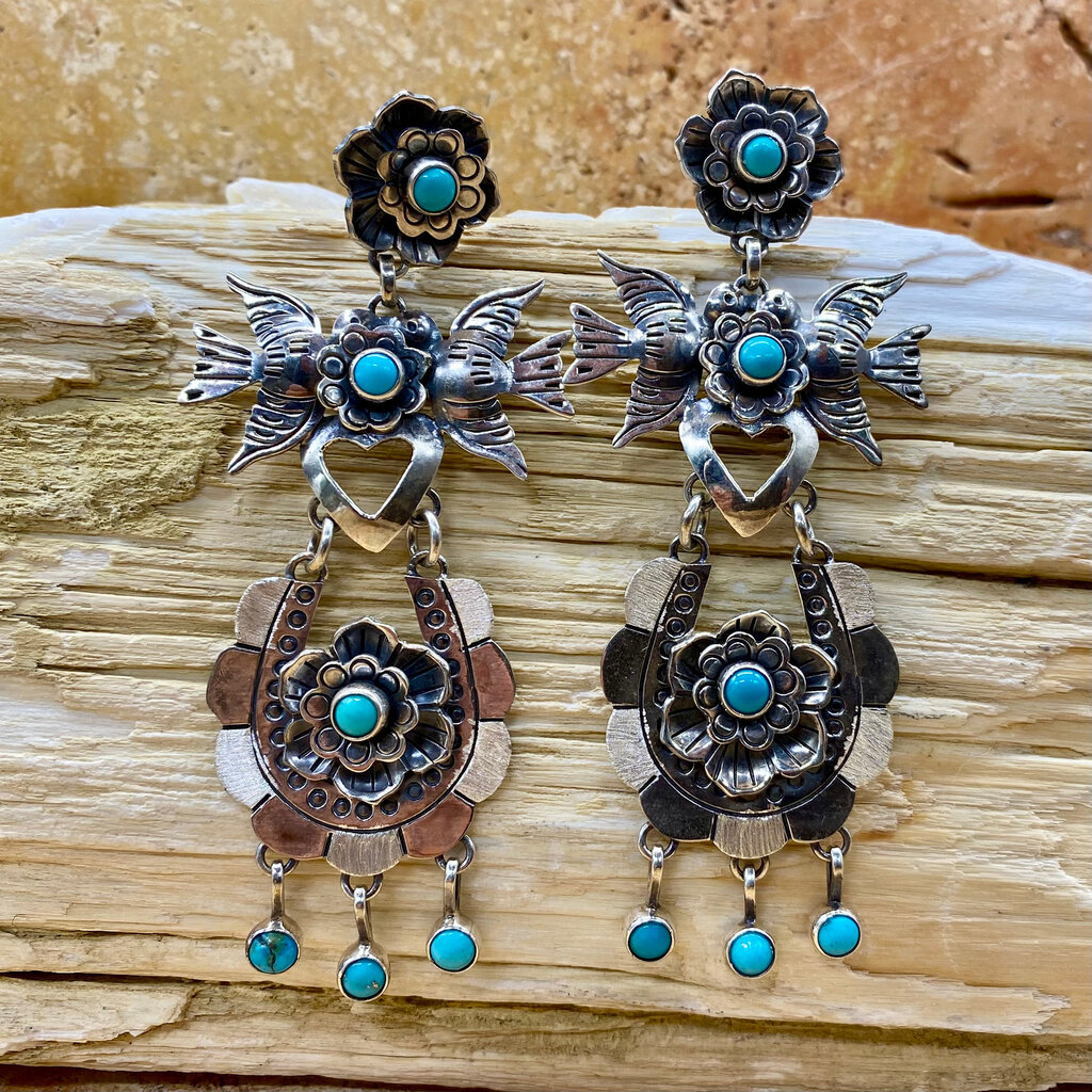 Silver & Turquoise Flower & Lovebirds Post Earrings
