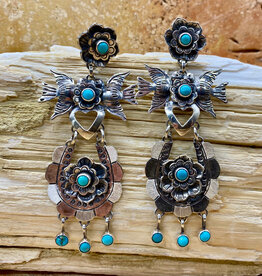 Silver & Turquoise Flower & Lovebirds Post Earrings
