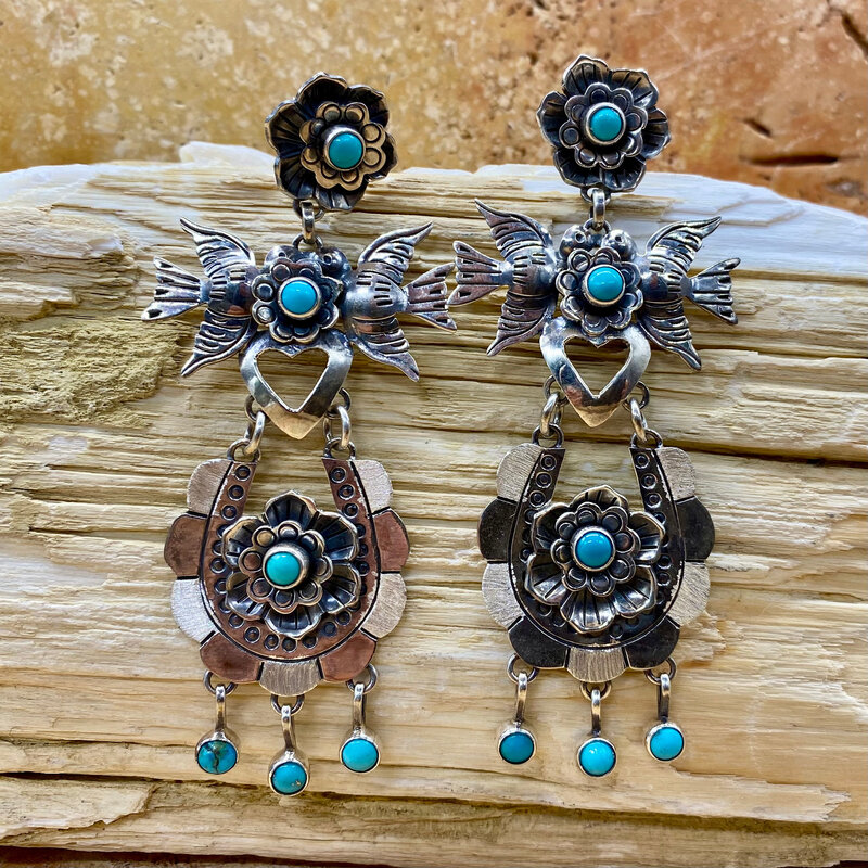 Silver & Turquoise Flower & Lovebirds Post Earrings