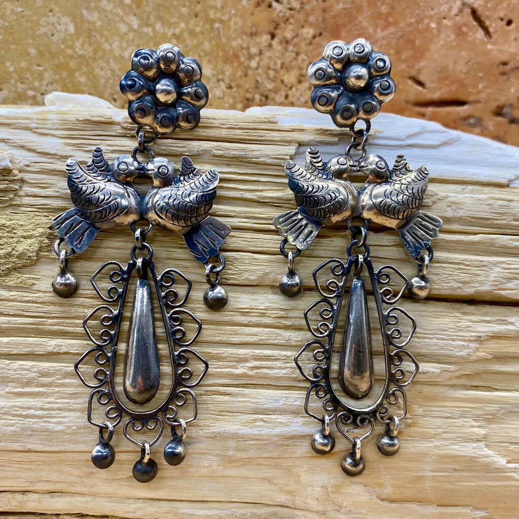 Silver Lovebirds & Flower Dangle Earrings