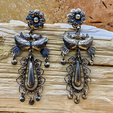 Silver Lovebirds & Flower Dangle Earrings