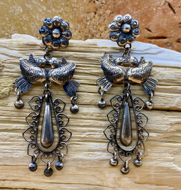 Silver Lovebirds & Flower Dangle Earrings