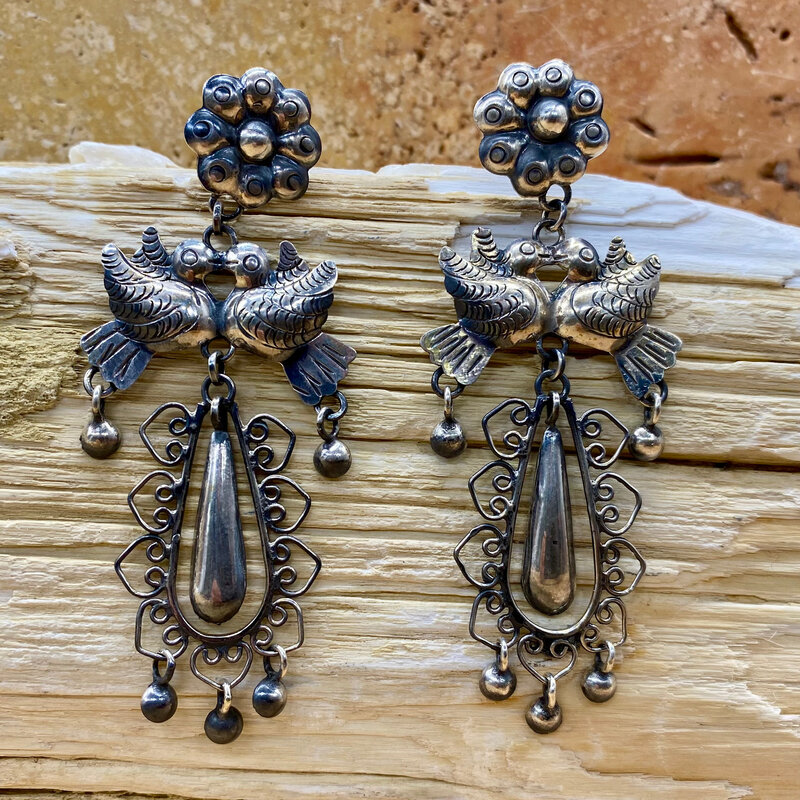 Silver Lovebirds & Flower Dangle Earrings