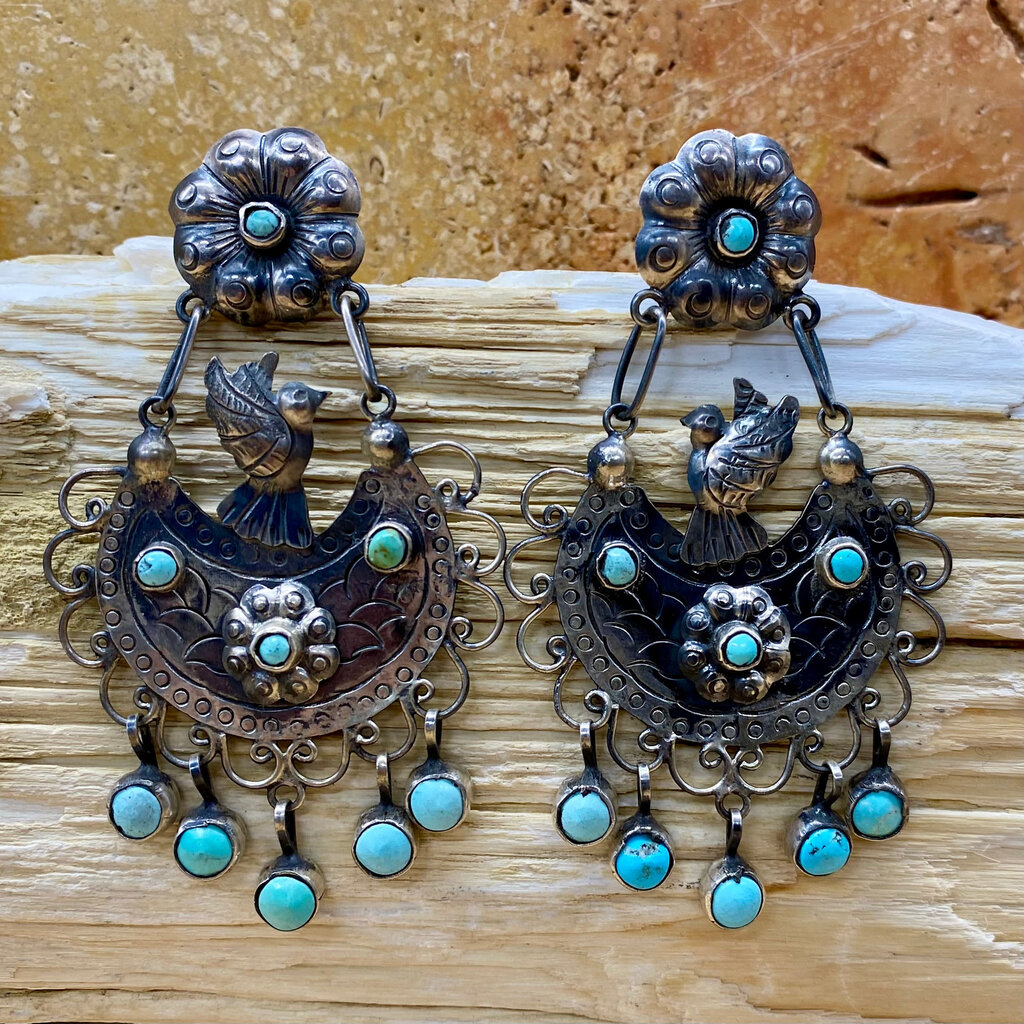 Silver & Turquoise Bird & Flower Post Earrings