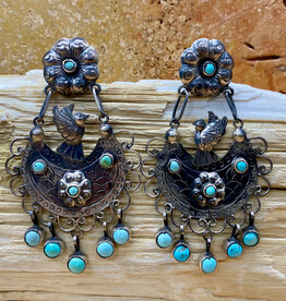 Silver & Turquoise Bird & Flower Post Earrings