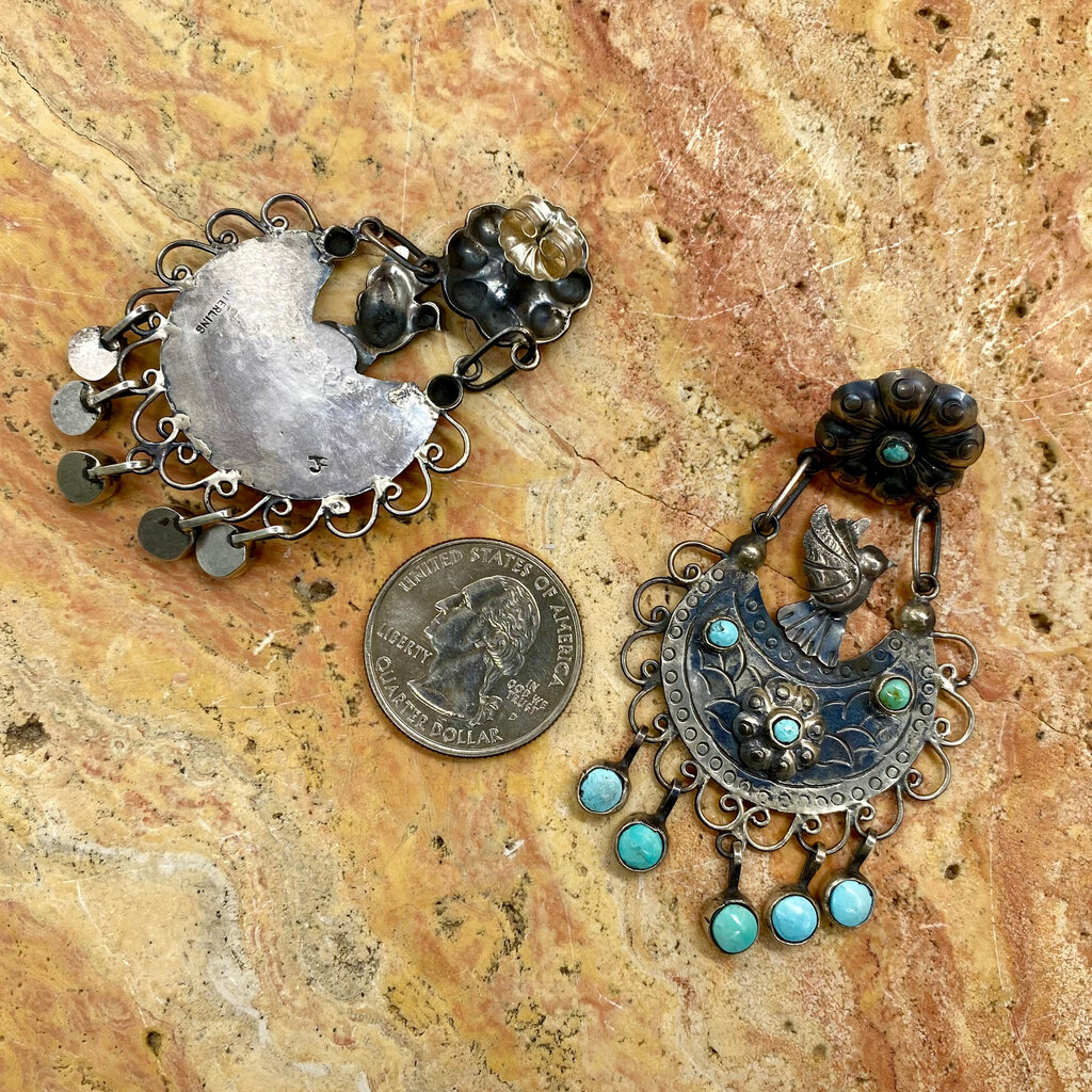 Silver & Turquoise Bird & Flower Post Earrings