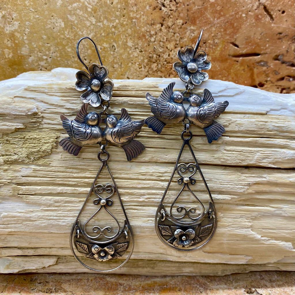 Silver Lovebirds and Flower Dangle Earrings