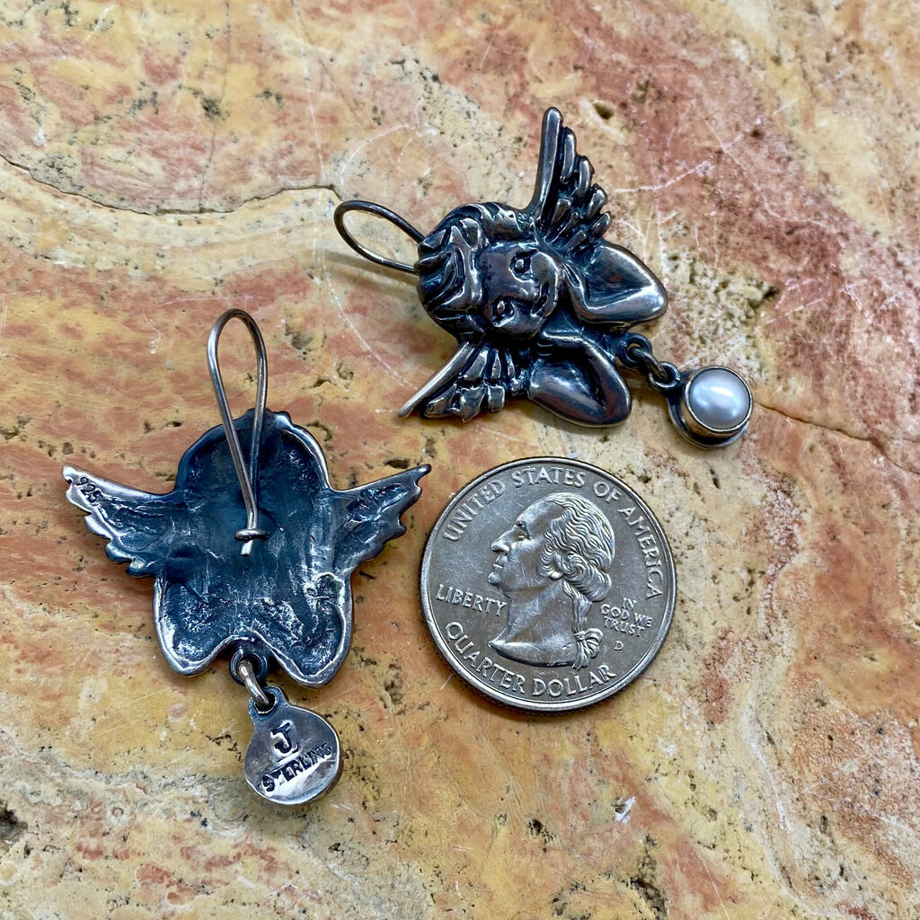 Silver & Pearl Cherub Hook Earrings