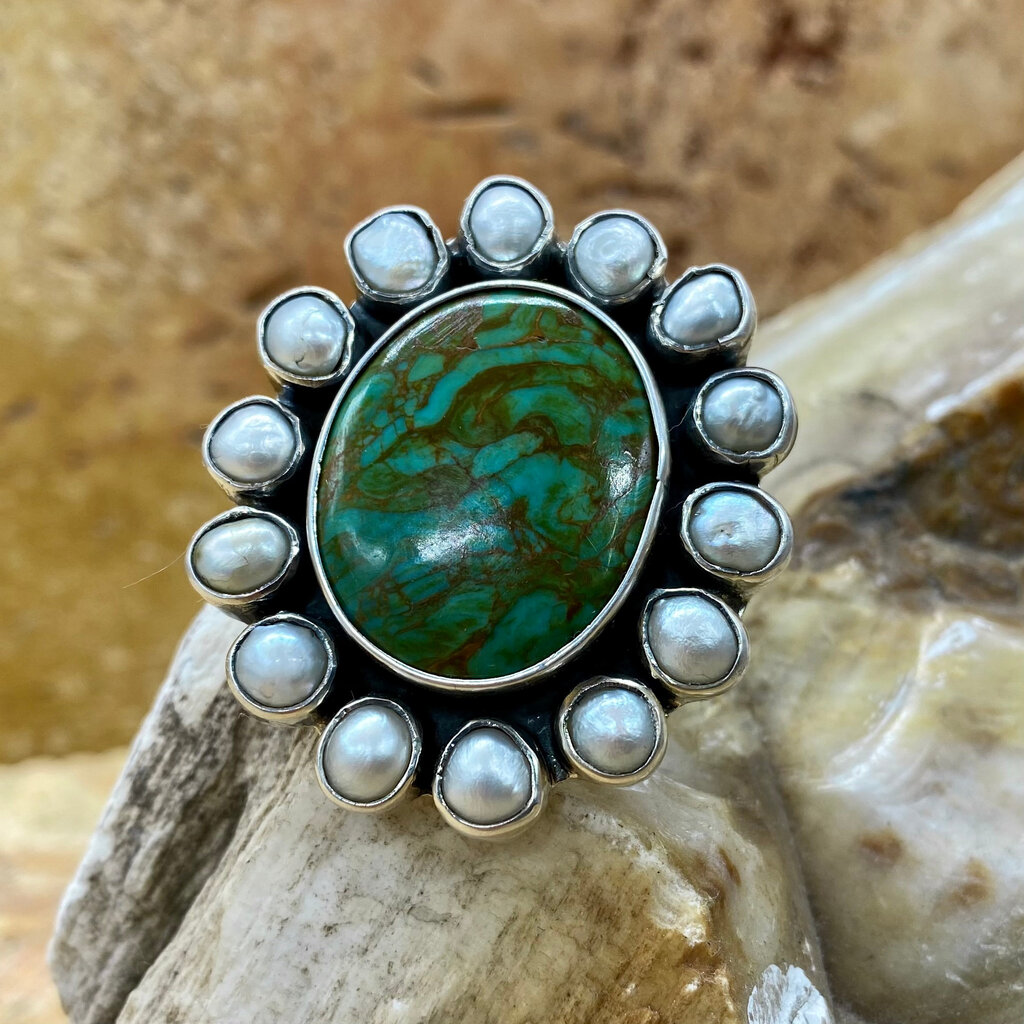 Turquoise and Pearl Adjustable Ring