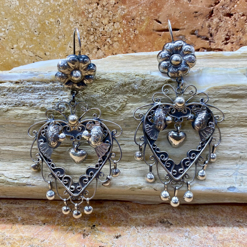 Silver Heart w/ Lovebirds and Flower Earrings
