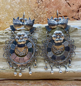 Silver Circle Lovebirds and Flower Earrings