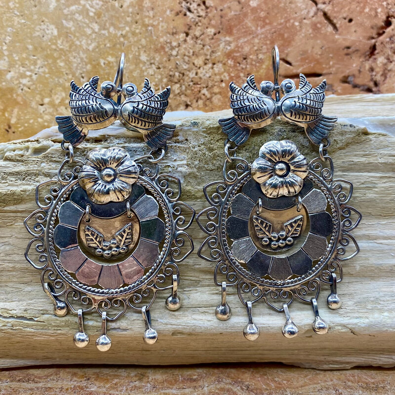 Silver Circle Lovebirds and Flower Earrings