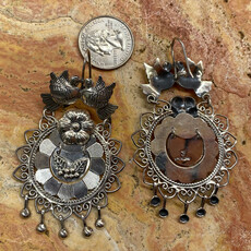 Silver Circle Lovebirds and Flower Earrings