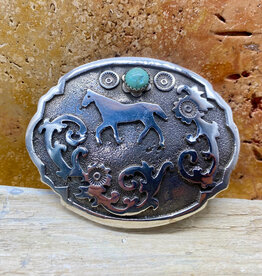 RUNNING BEAR Silver & Turquoise Horse Belt Buckle