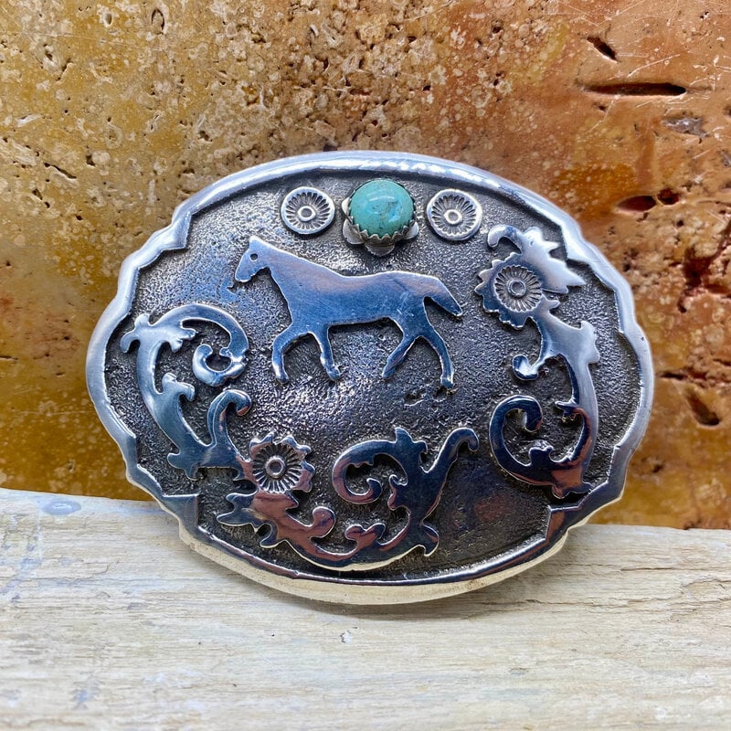 RUNNING BEAR Silver & Turquoise Horse Belt Buckle