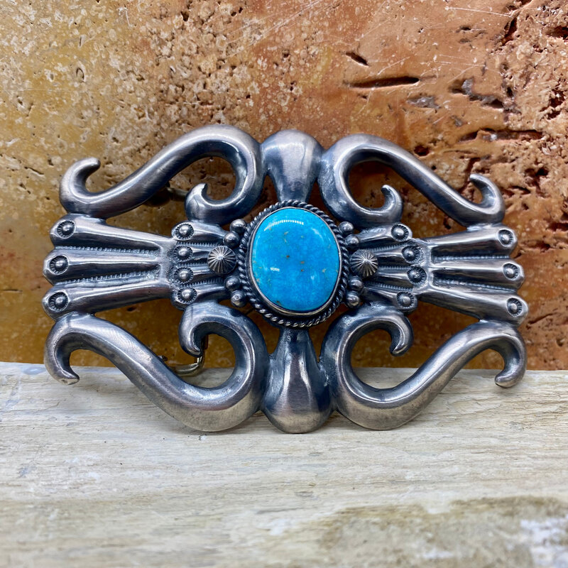 Sandcast Silver & Turquoise Belt Buckle